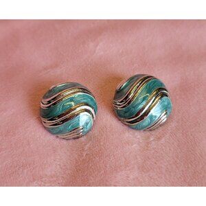 Silver tone round dome light blue glitter enamel clip on earrings E1